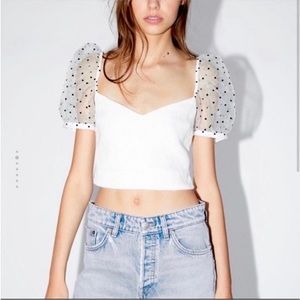 Zara cropped white top with polkadot tulle  sleeves size small NWT
